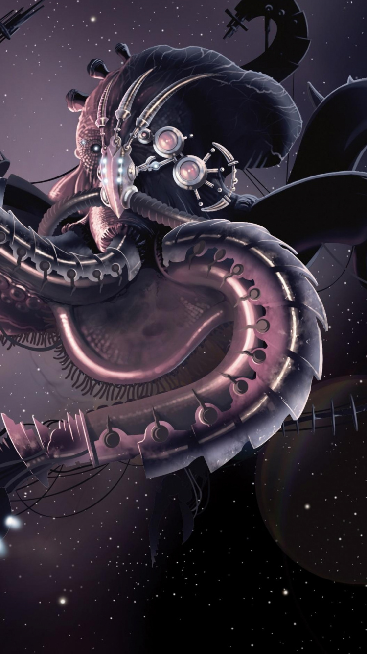 Обои робот, иллюстрация, космос, фрактальное искусство, щупальце в разрешении 750x1334