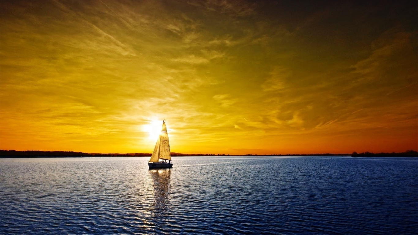 Обои закат, горизонт, вода, лодка, вечер в разрешении 1366x768