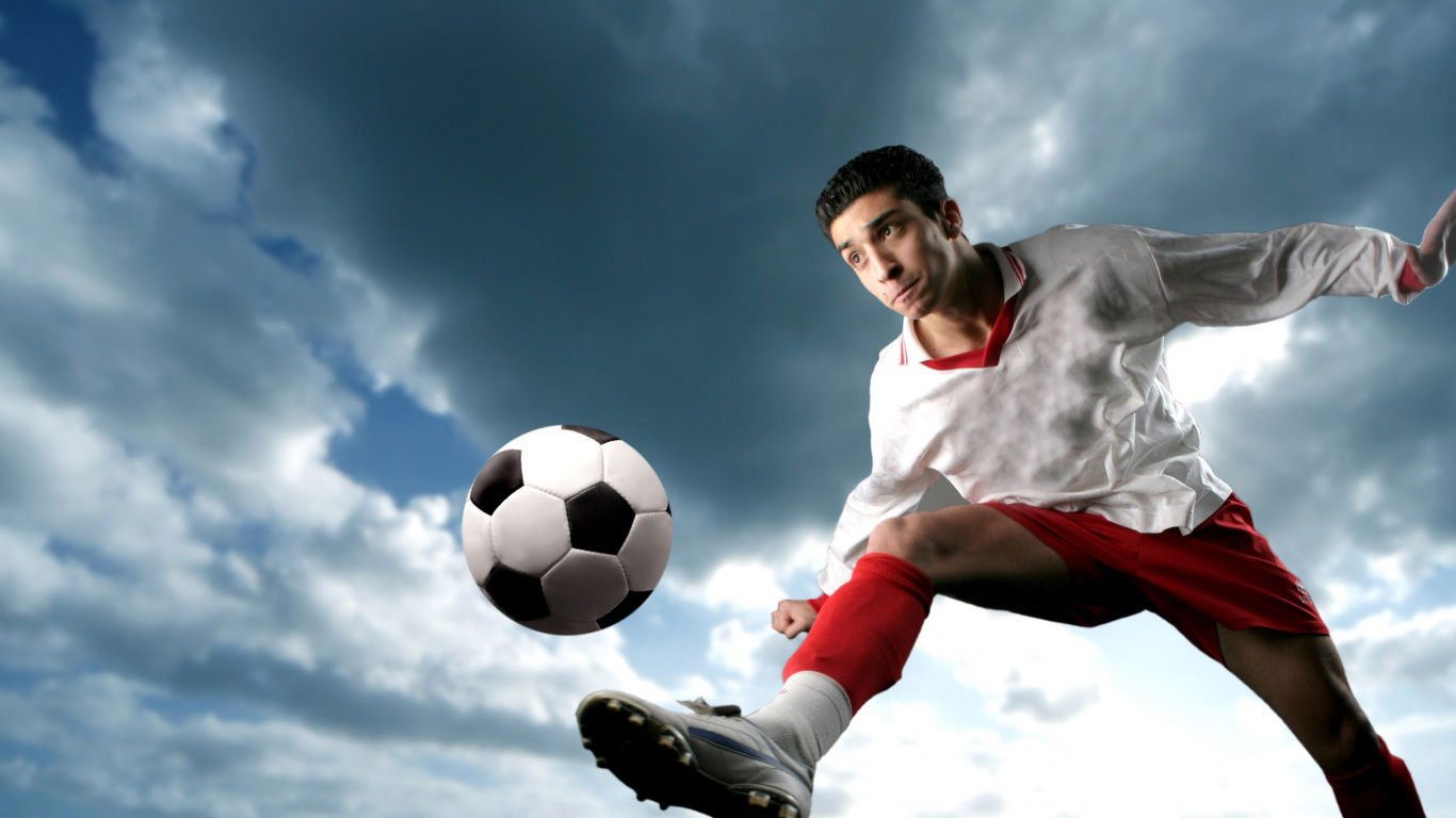 Обои Футбольный игрок, спортсмен, футбол, мяч, футбольный удар в разрешении 1366x768