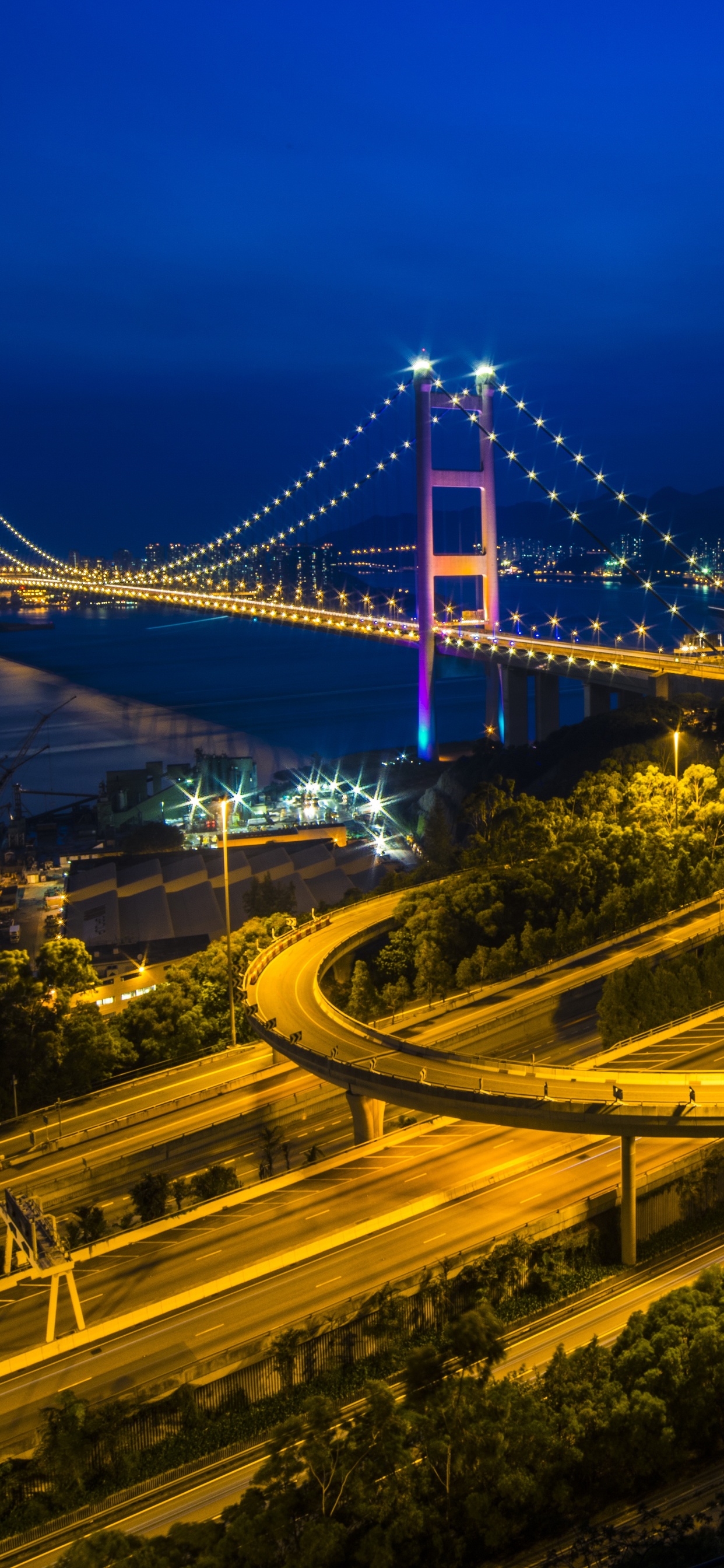 Обои Мост Цинь Ма, мост, ночь, ориентир, городской район в разрешении 1242x2688