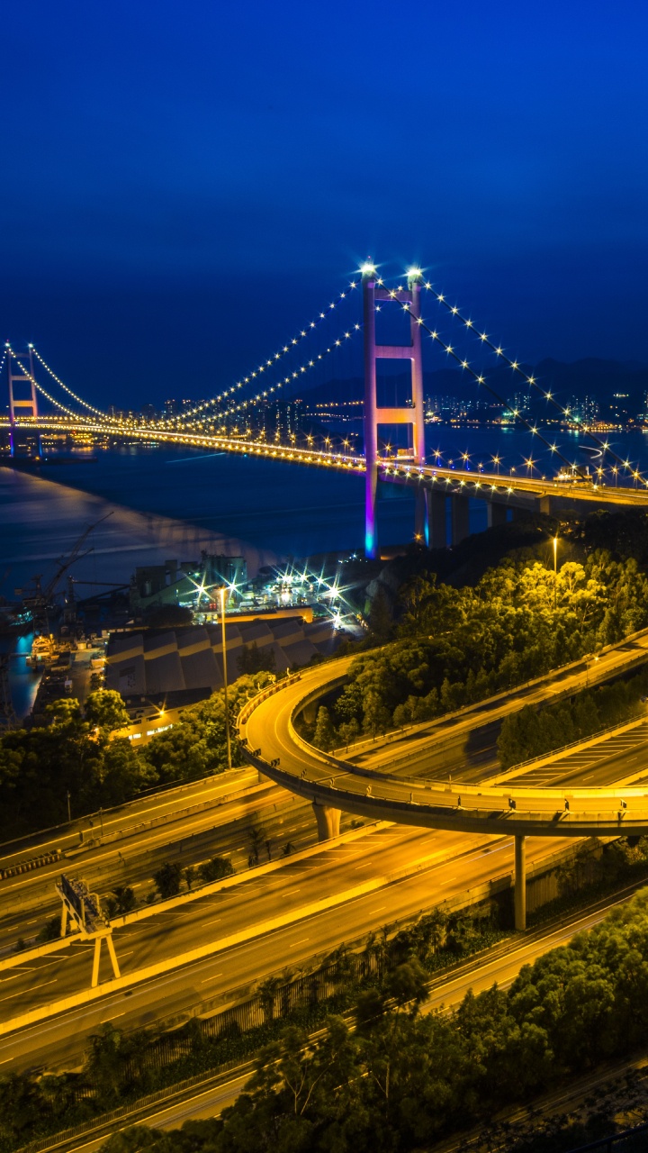 Обои Мост Цинь Ма, мост, ночь, ориентир, городской район в разрешении 720x1280