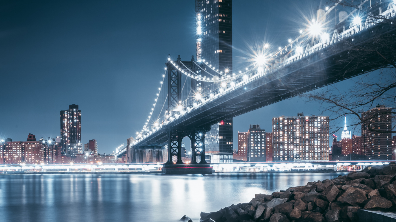 Обои город, городской пейзаж, ориентир, вода, мост в разрешении 1366x768