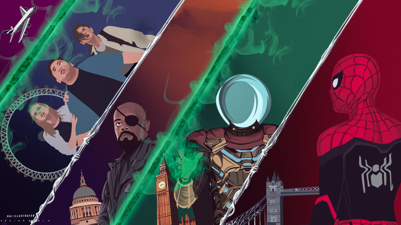 Обои Человек-Паук Далеко От Дома, человек-паук, иллюстрация, графический дизайн, арт в разрешении 1366x768