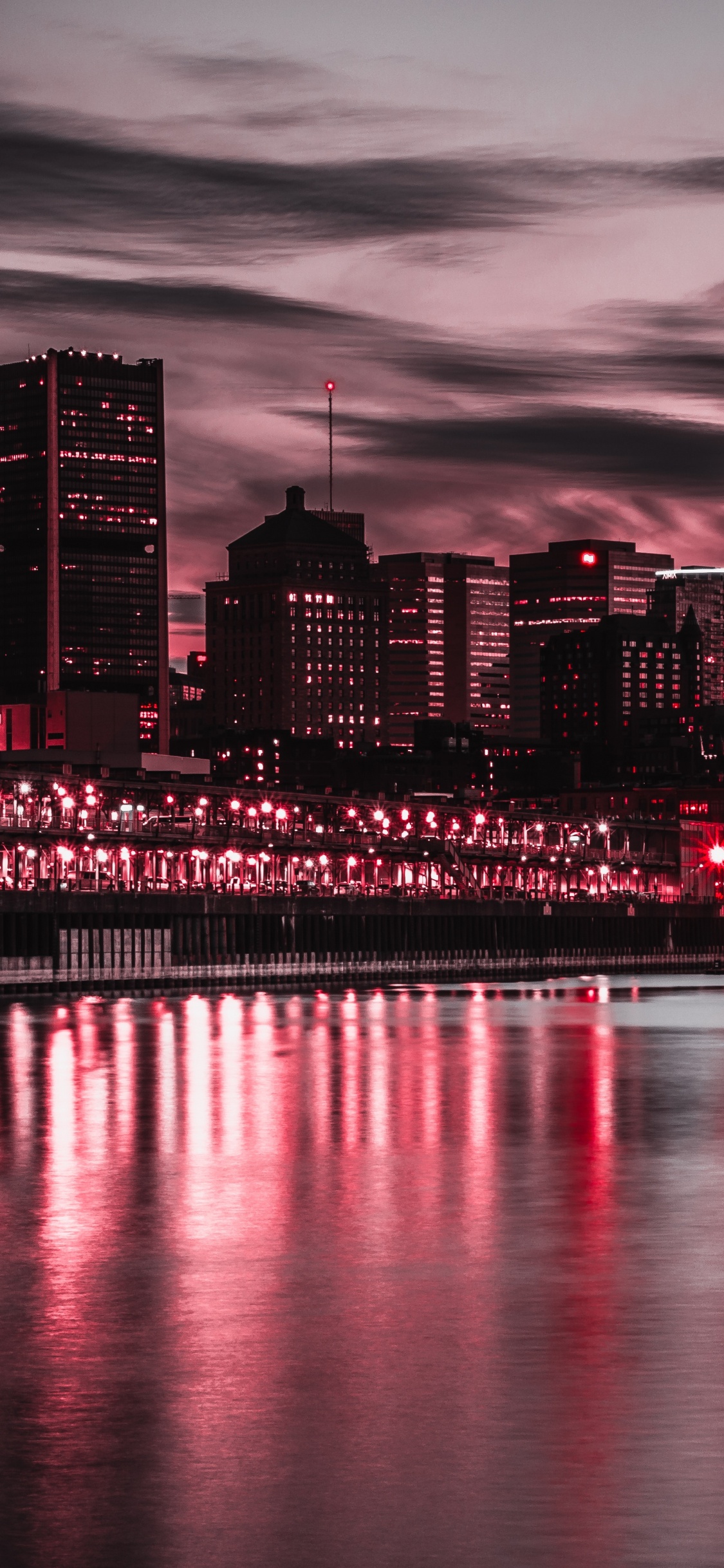 Обои городской пейзаж, город, линия горизонта, отражение, красный цвет в разрешении 1125x2436