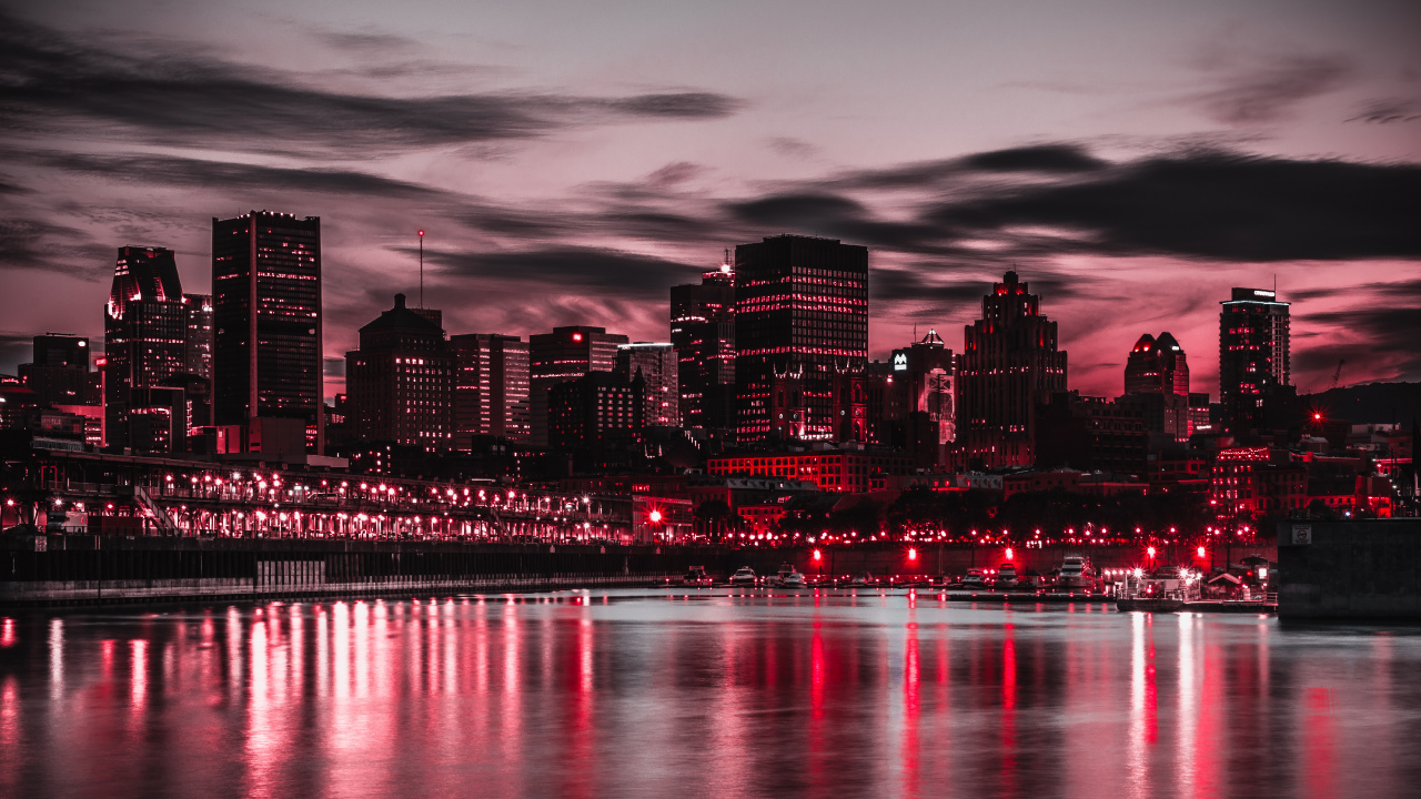 Обои городской пейзаж, город, линия горизонта, отражение, красный цвет в разрешении 1280x720