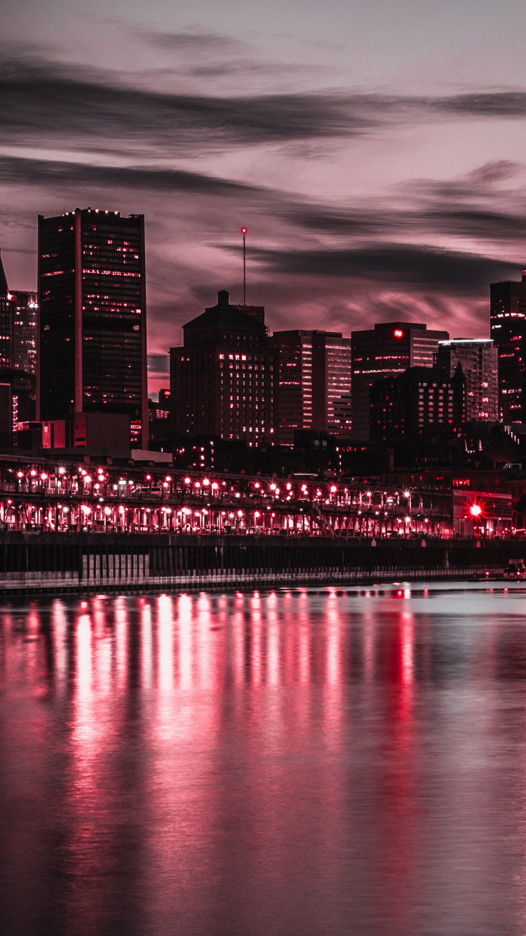 Обои городской пейзаж, город, линия горизонта, отражение, красный цвет в разрешении 750x1334