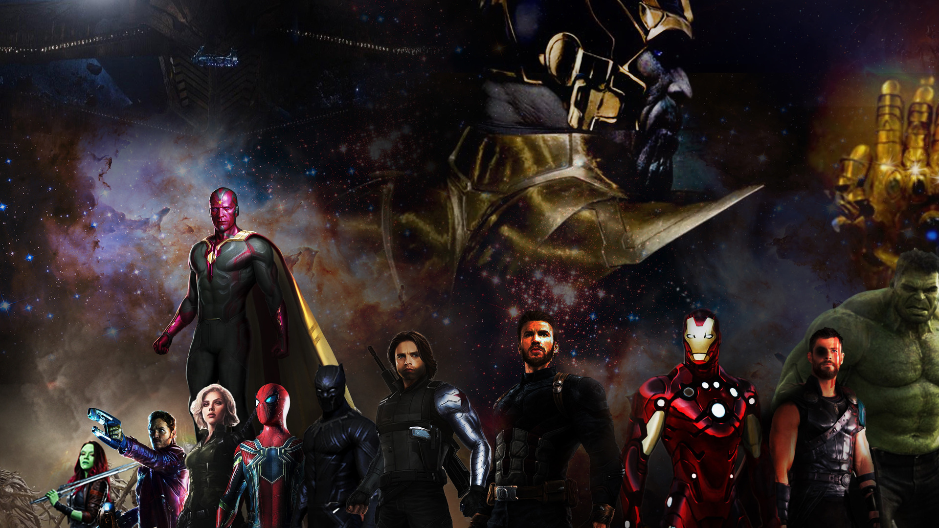 Обои Танос, туманность, ТОР, человек-паук, мститель в разрешении 1920x1080