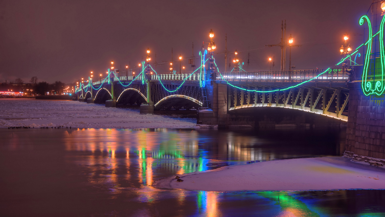 Обои мост, ночь, вода, ориентир, свет в разрешении 1280x720