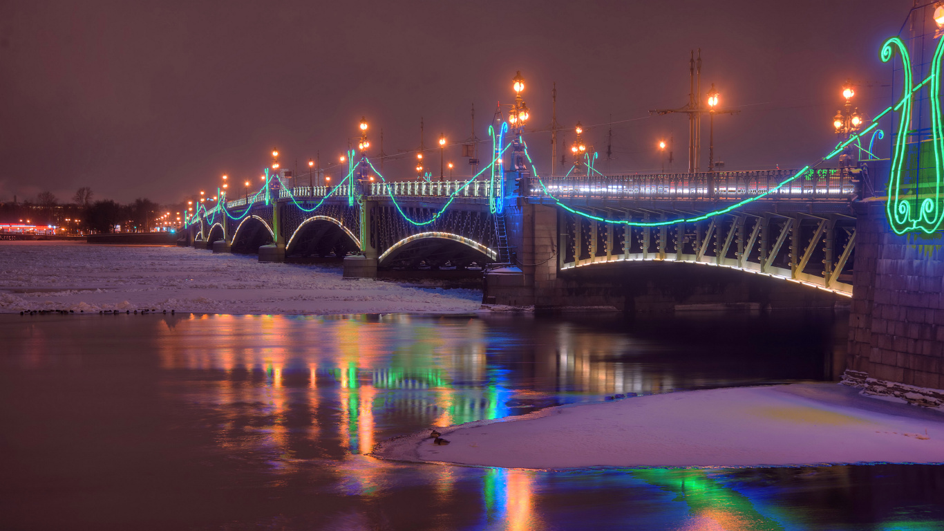 Обои мост, ночь, вода, ориентир, свет в разрешении 1366x768