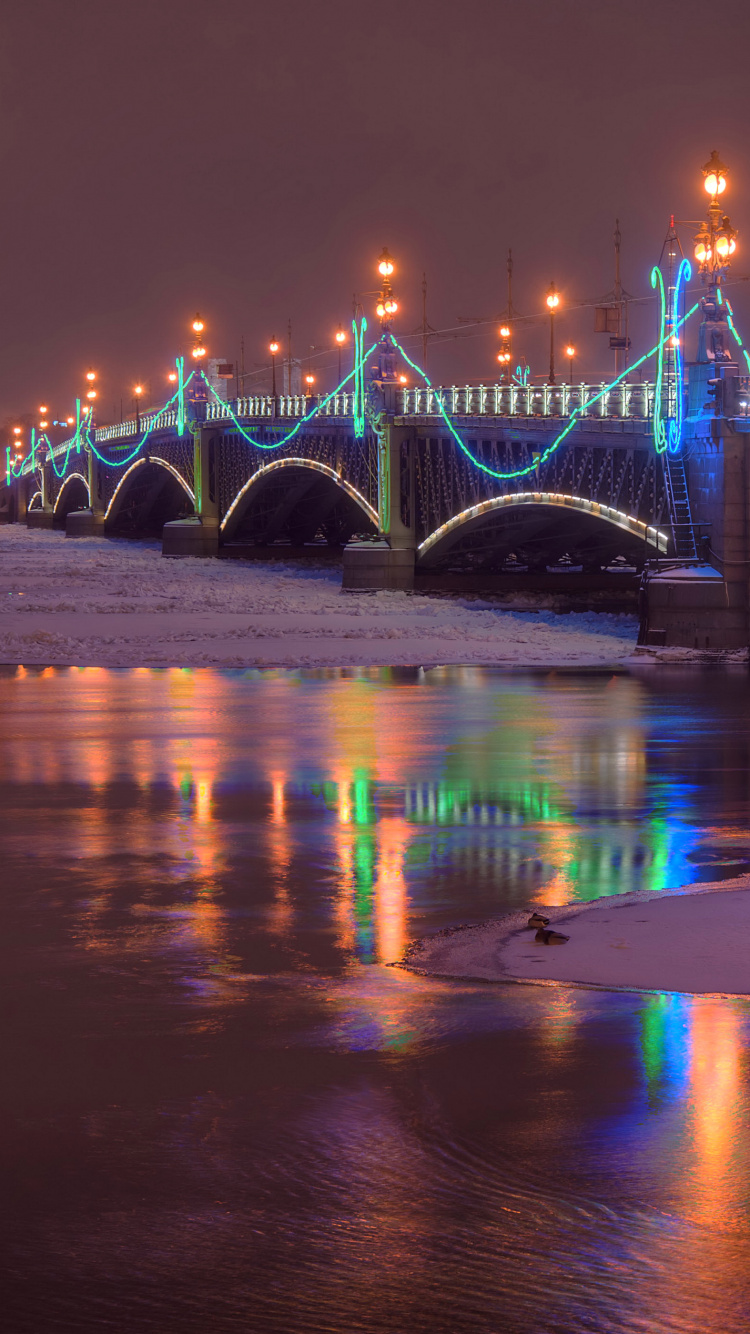 Обои мост, ночь, вода, ориентир, свет в разрешении 750x1334