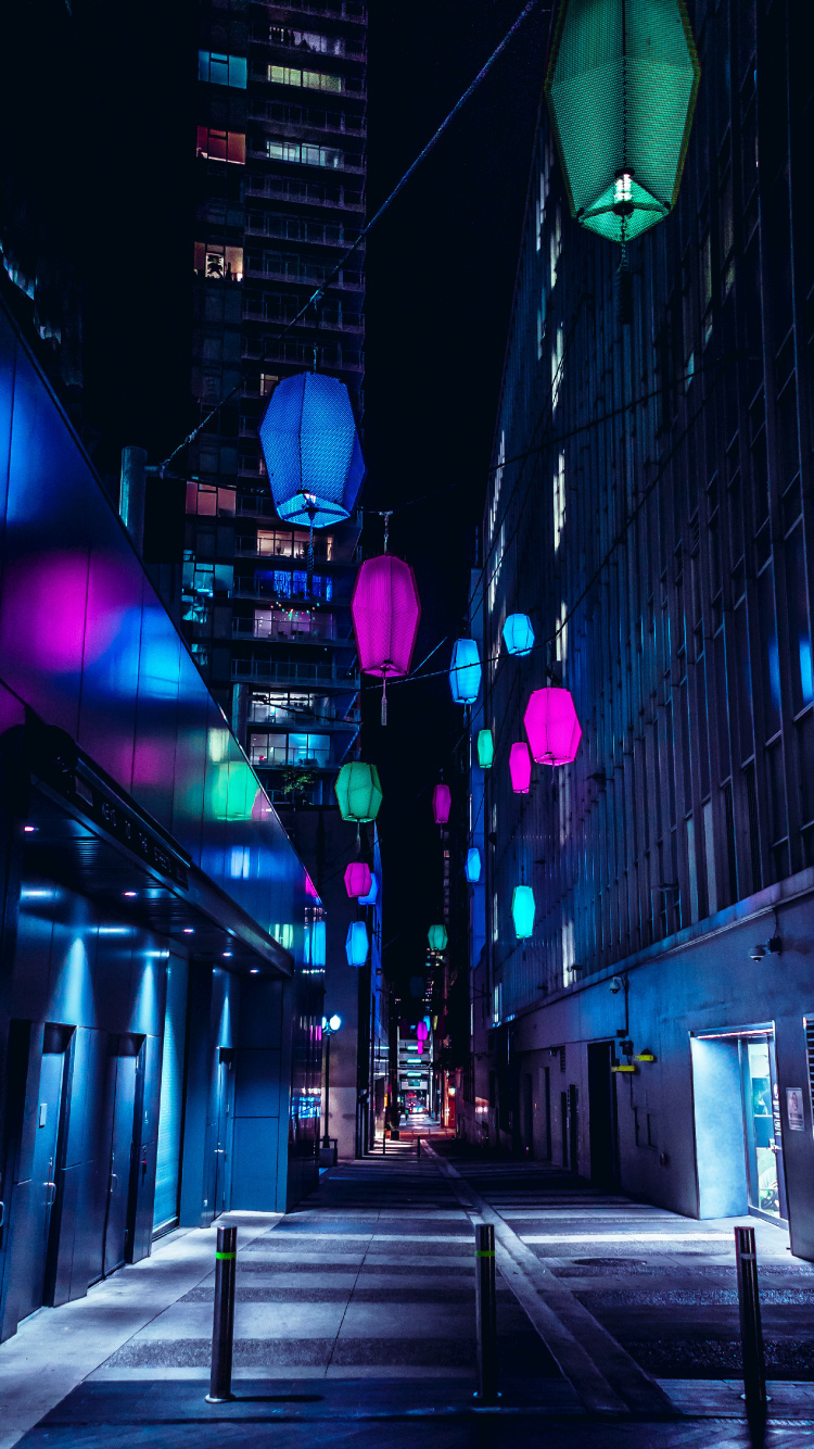 Обои город, улица, синий, пурпур, свет в разрешении 750x1334