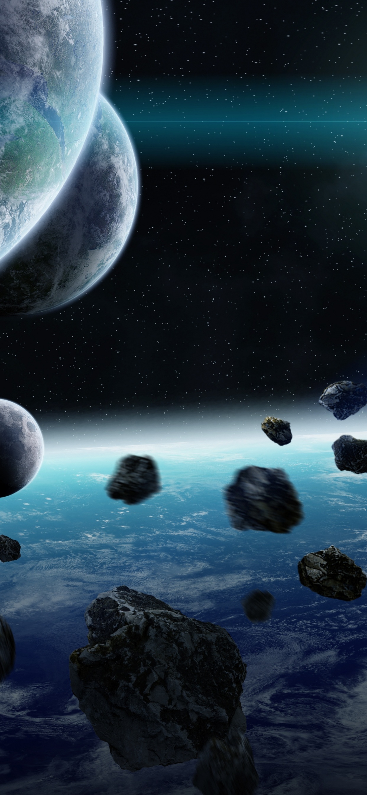 Обои иллюстрация, космическое пространство, планета, астероид, земля в разрешении 1242x2688