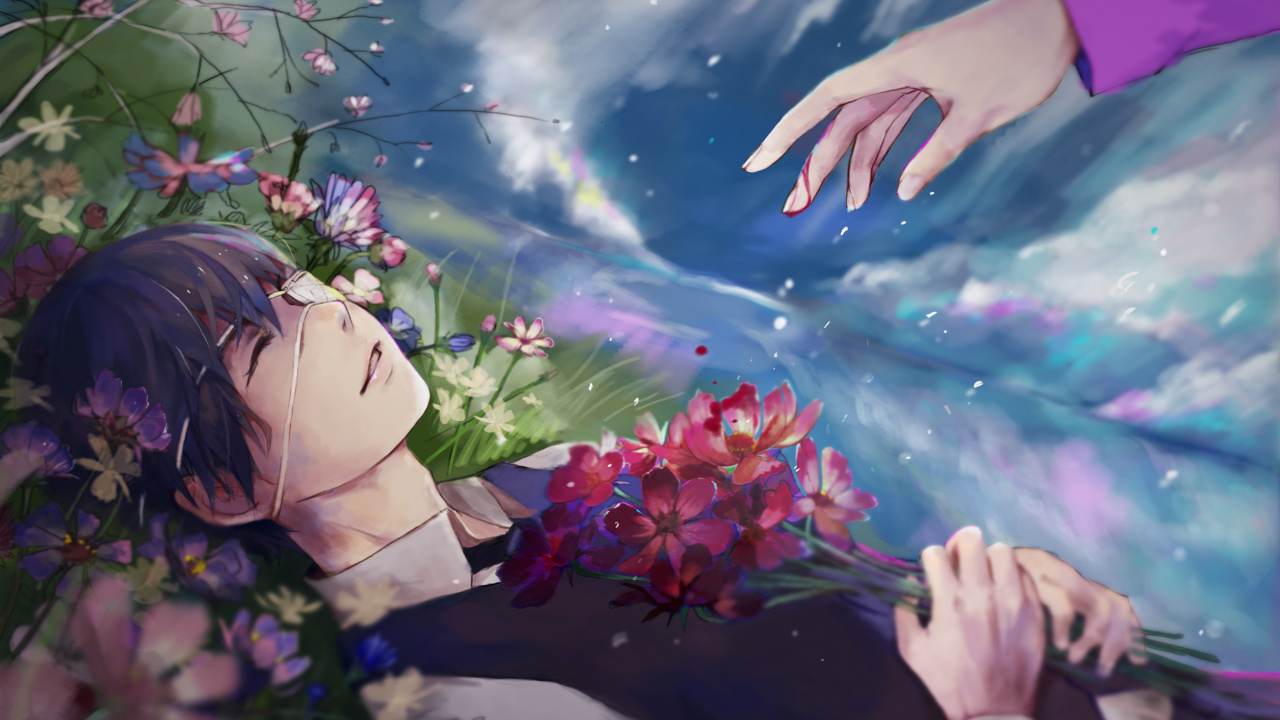 Обои пурпур, аниме, цветок, лепесток, растение в разрешении 1280x720