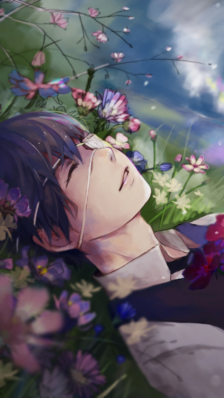 Обои пурпур, аниме, цветок, лепесток, растение в разрешении 750x1334