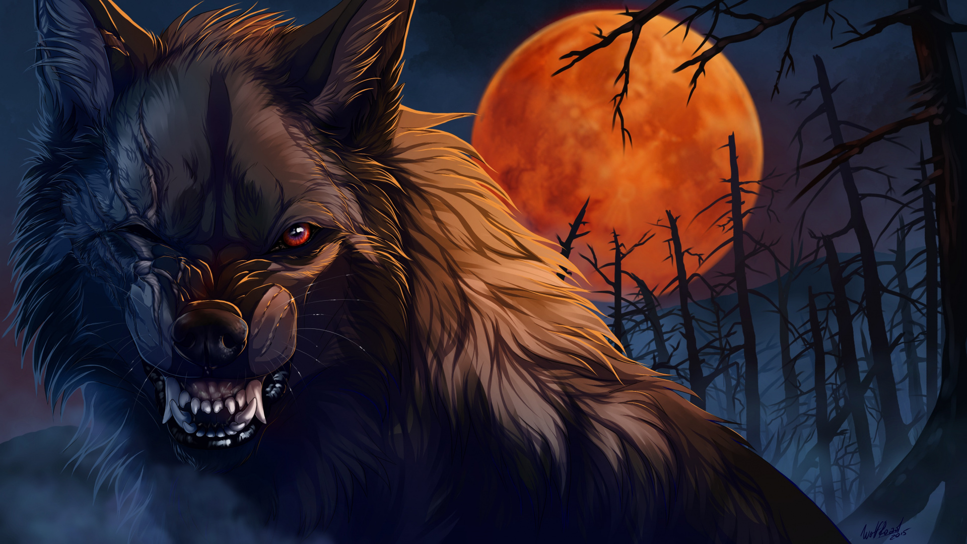 Обои страшный оборотень, волк, оборотень, мифическое существо, иллюстрация в разрешении 1920x1080
