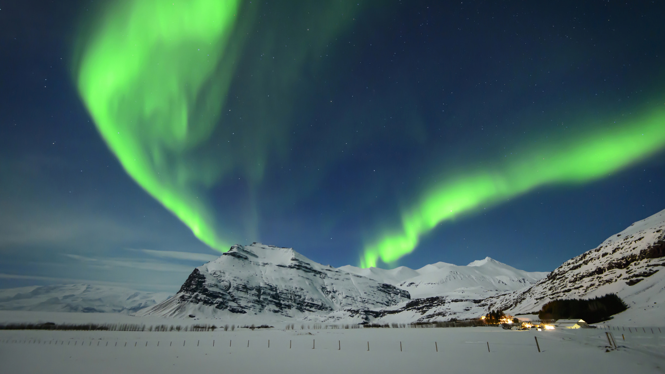 Обои Аврора, Арктика, зима, пейзаж, Markarfljtsgljfur в разрешении 1366x768
