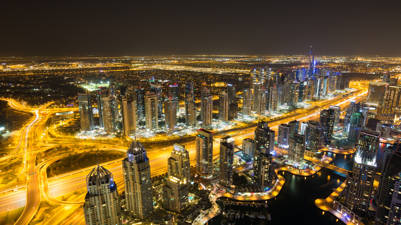 Обои Бурдж Халифа, городской пейзаж, город, метрополия, городской район в разрешении 1366x768