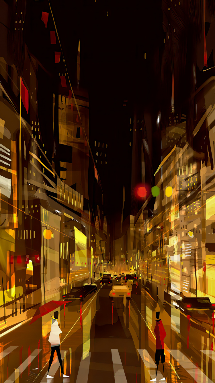 Обои ночь, пешеход, уличный фонарь, тротуар, улица в разрешении 750x1334