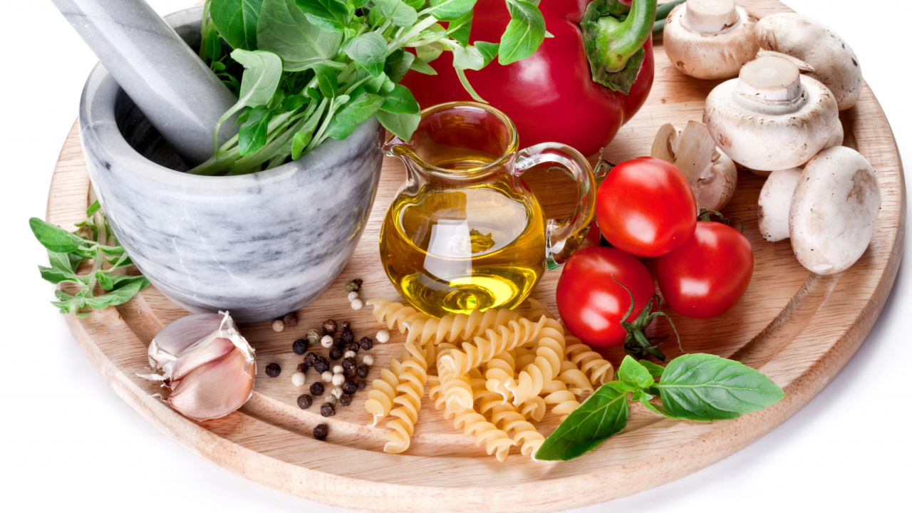 Обои пища, паста, овощ, помидор, природные продукты в разрешении 1280x720