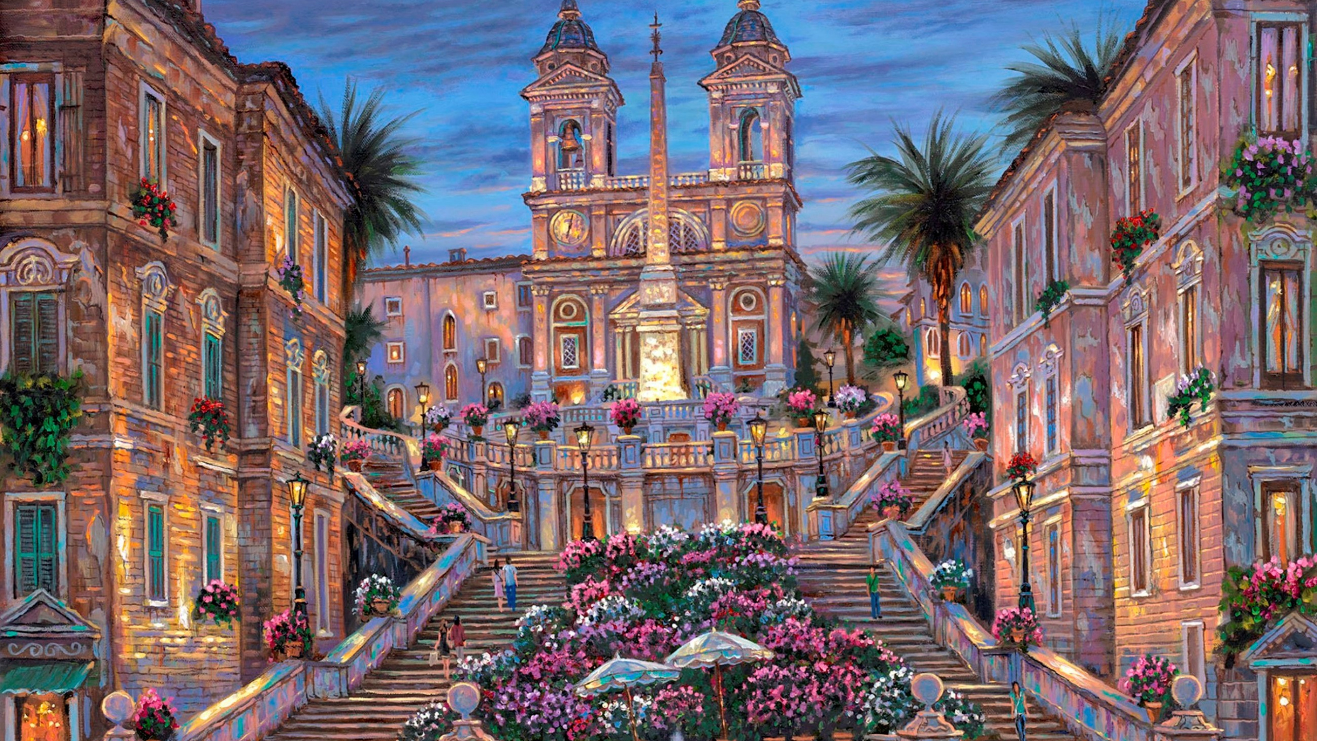 Обои ориентир, город, Испанской лестницы в Риме, искусство, собор в разрешении 2560x1440