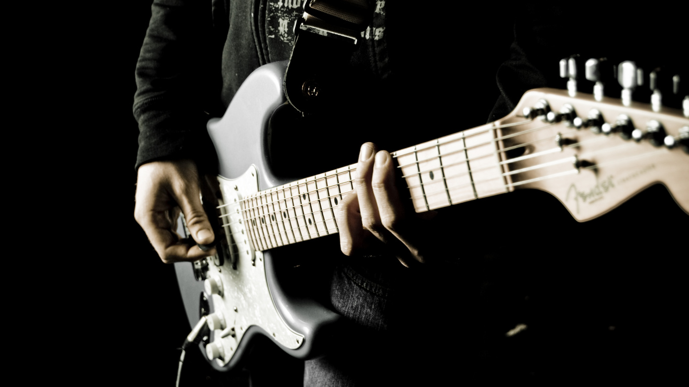 Обои гитара, электрогитара, басгитара, струнный инструмент, гитарист в разрешении 1366x768