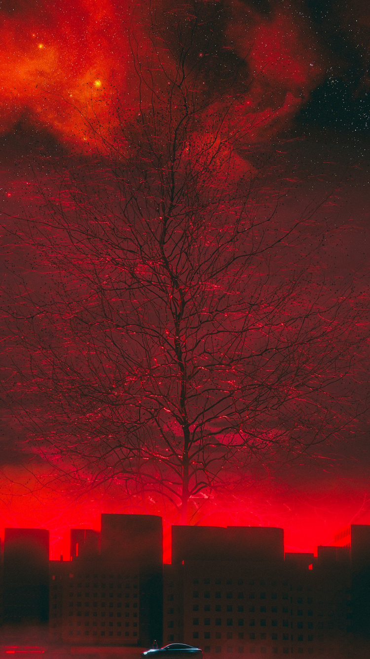 Обои красный цвет, дерево, ночь, ветвь, ветвление в разрешении 750x1334