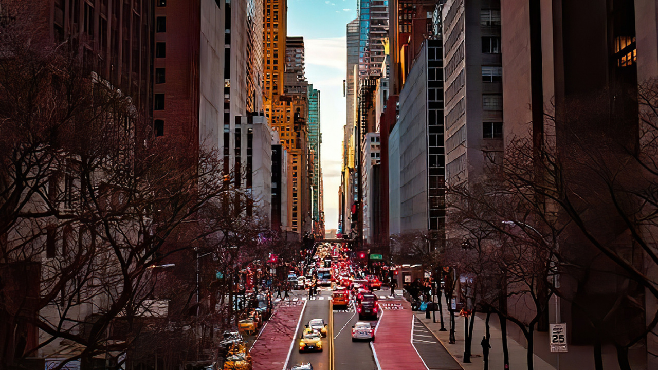 Обои Тюдоровская городская зелень, здание, небоскреб, легковые автомобили, свет в разрешении 1280x720