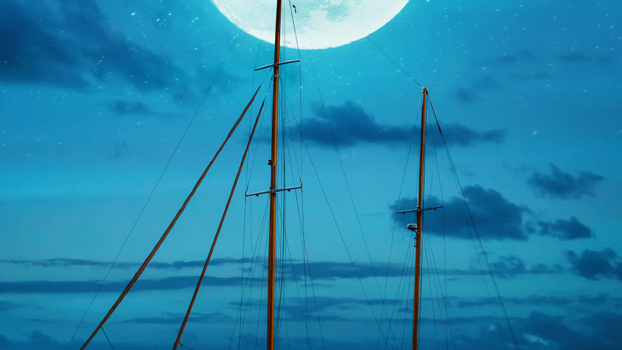 Обои природа, вода, лодка, луна, синий в разрешении 1280x720