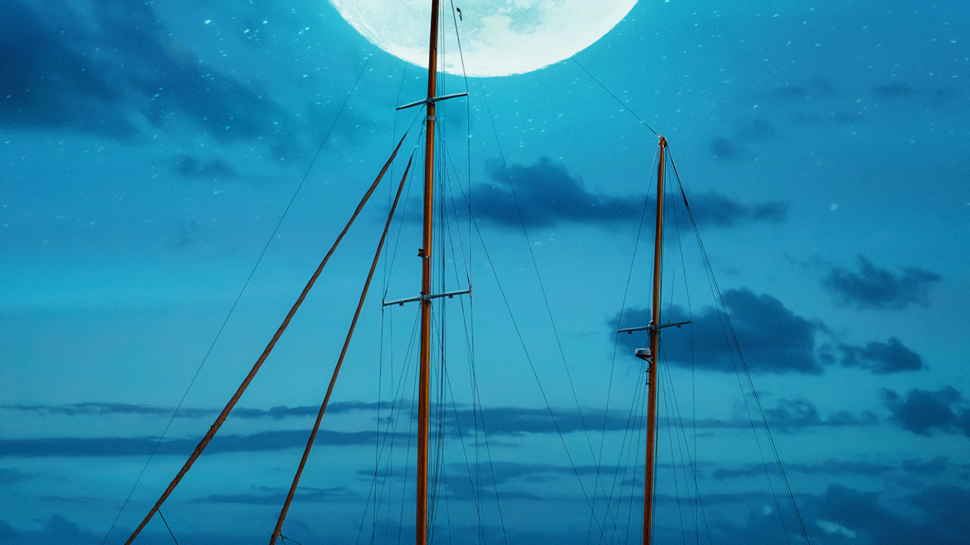 Обои природа, вода, лодка, луна, синий в разрешении 1366x768