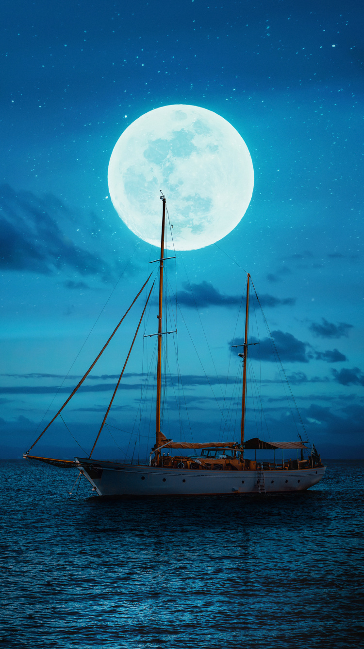 Обои природа, вода, лодка, луна, синий в разрешении 750x1334