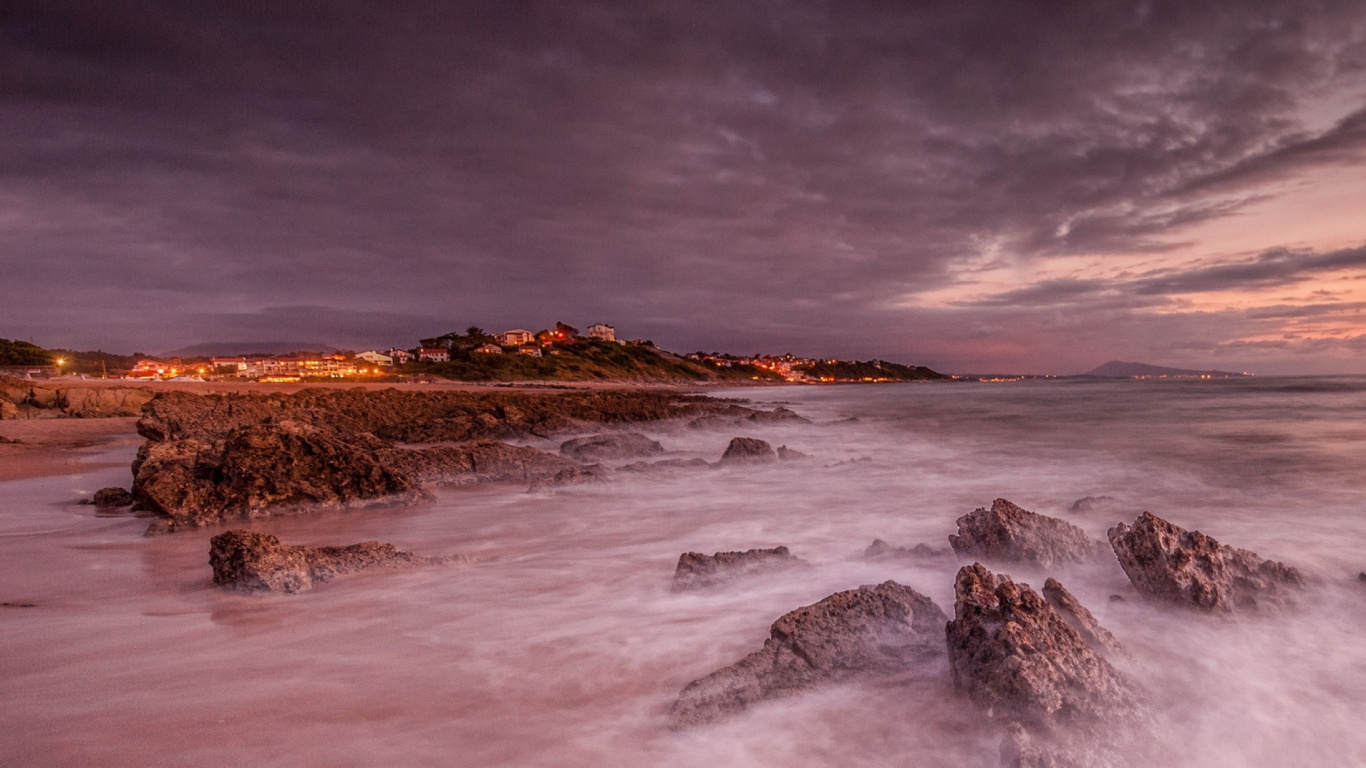 Обои море, побережье, океан, закат, горизонт в разрешении 1366x768