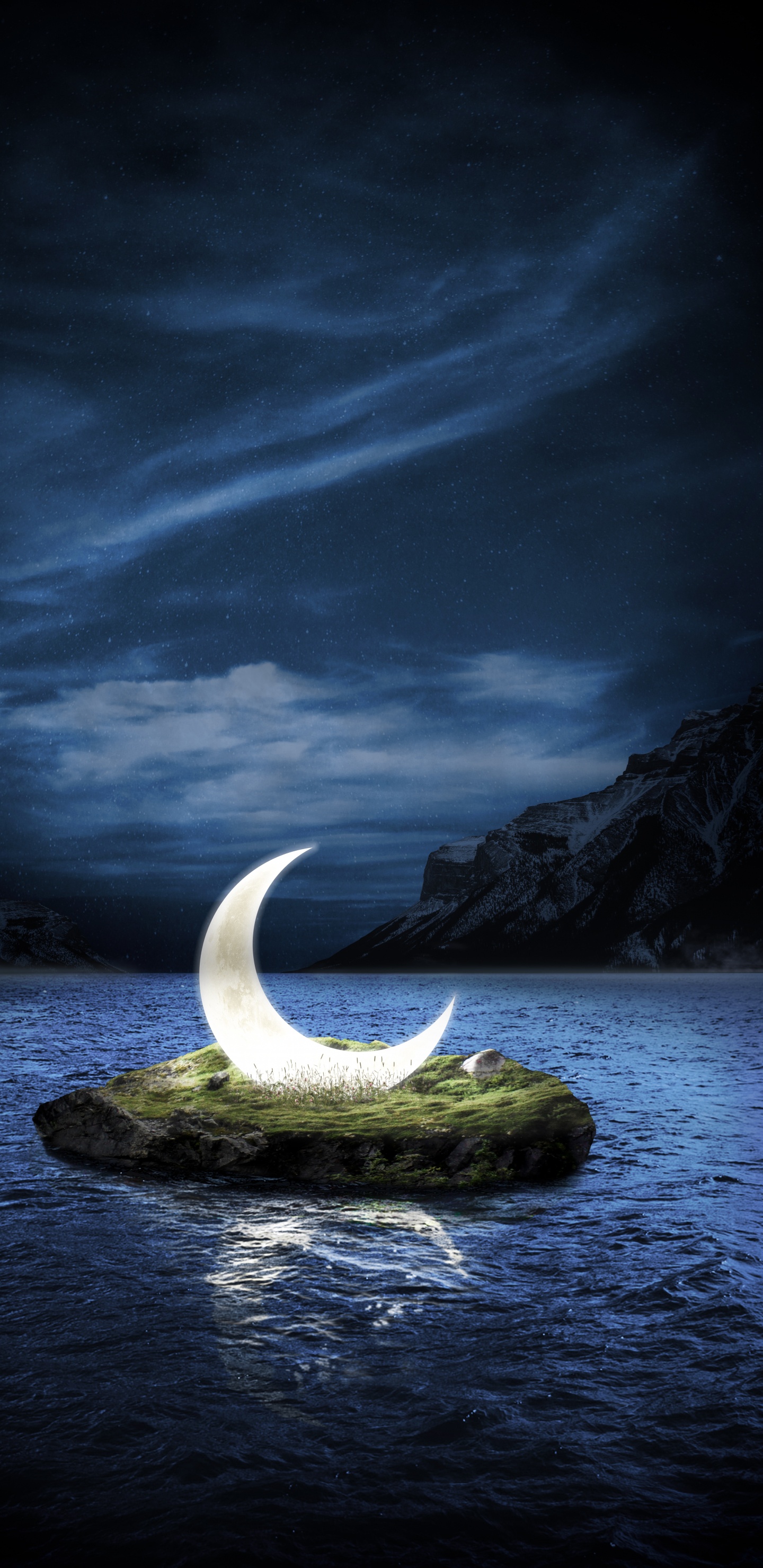 Обои природа, луна, лунный свет, вода, облако в разрешении 1440x2960