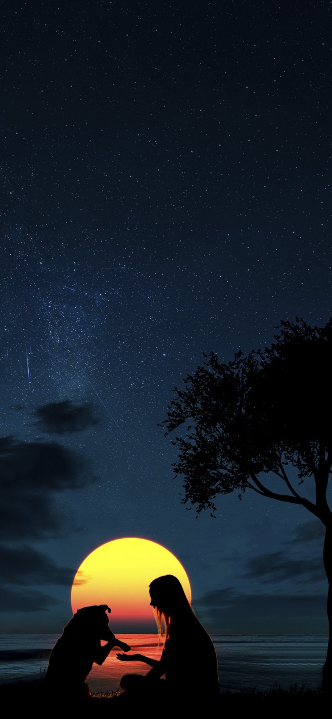 Обои луна силуэт девушка и собака, датский дог, атмосфера, свет, природа в разрешении 1125x2436