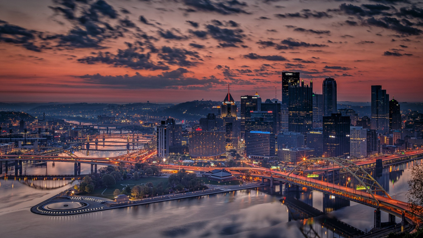 Обои Питсбург, городской пейзаж, город, городской район, линия горизонта в разрешении 1366x768