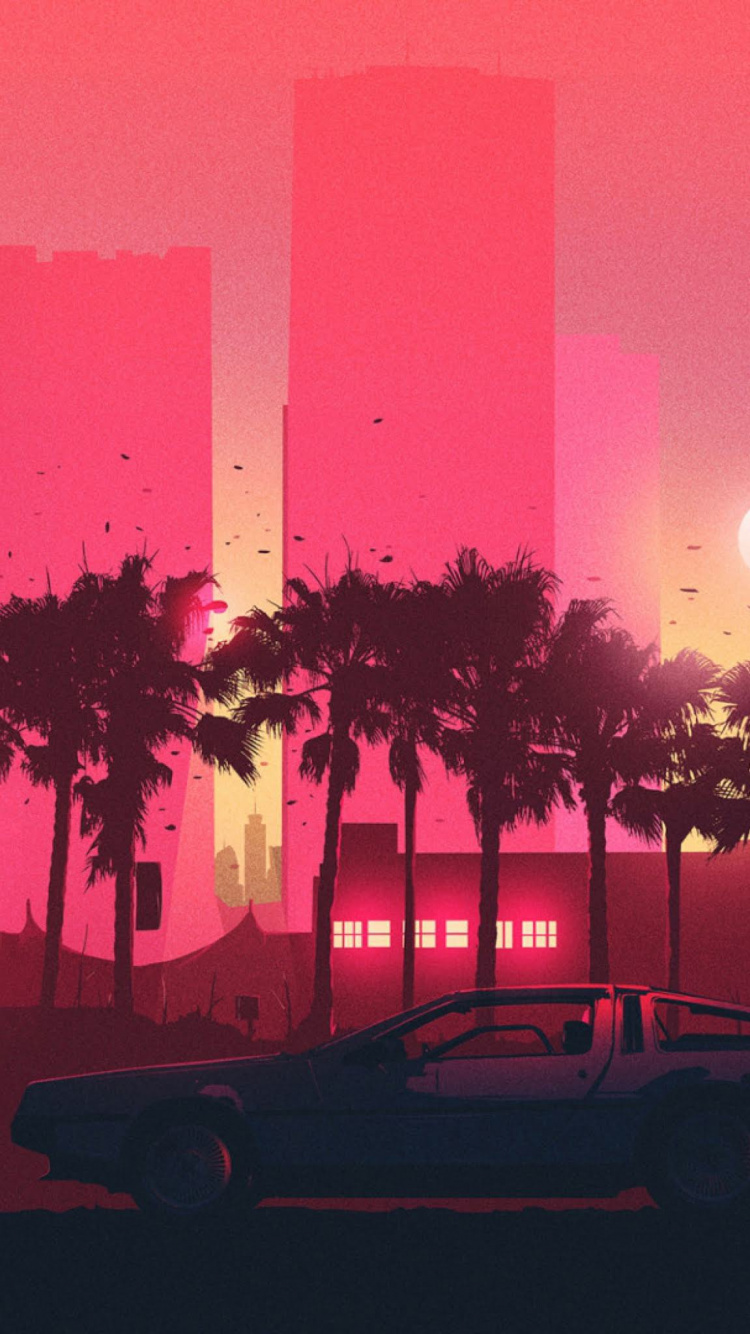 Обои эстетика, Ретровейв, 2436 х 1125, водоем, дорога в разрешении 750x1334