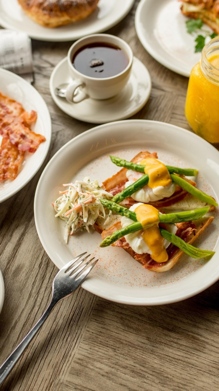 Обои завтрак, яичница, чай, ресторан, кофе в разрешении 750x1334