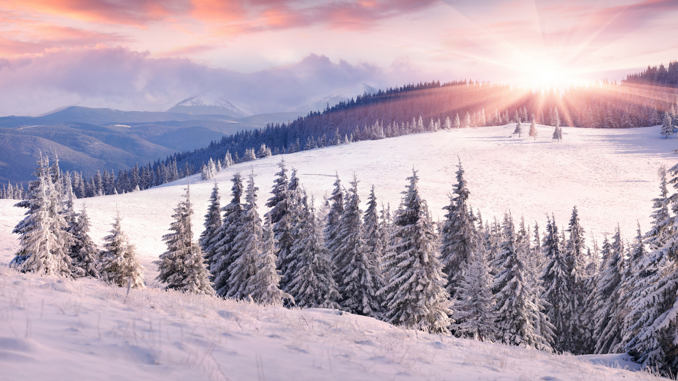 Обои зима, снег, гора, дерево, горный рельеф в разрешении 1366x768