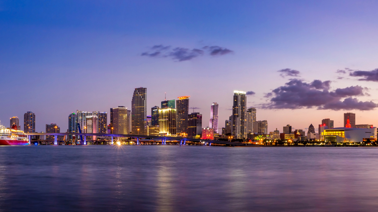 Обои Майами, городской пейзаж, город, линия горизонта, метрополия в разрешении 1280x720