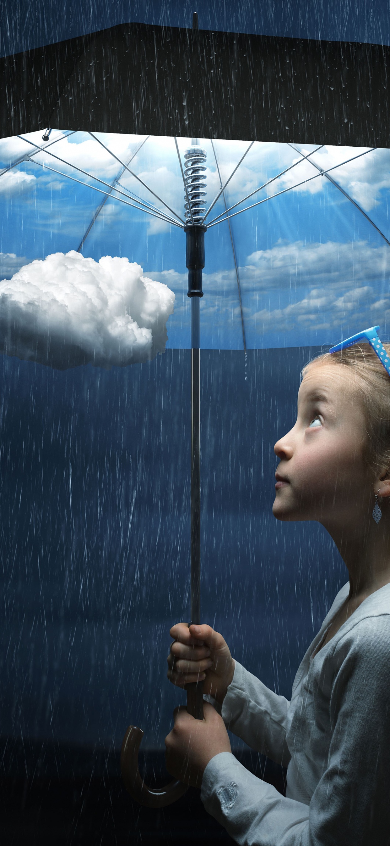 Обои арт, зонтик, синий, облако, дождь в разрешении 1242x2688