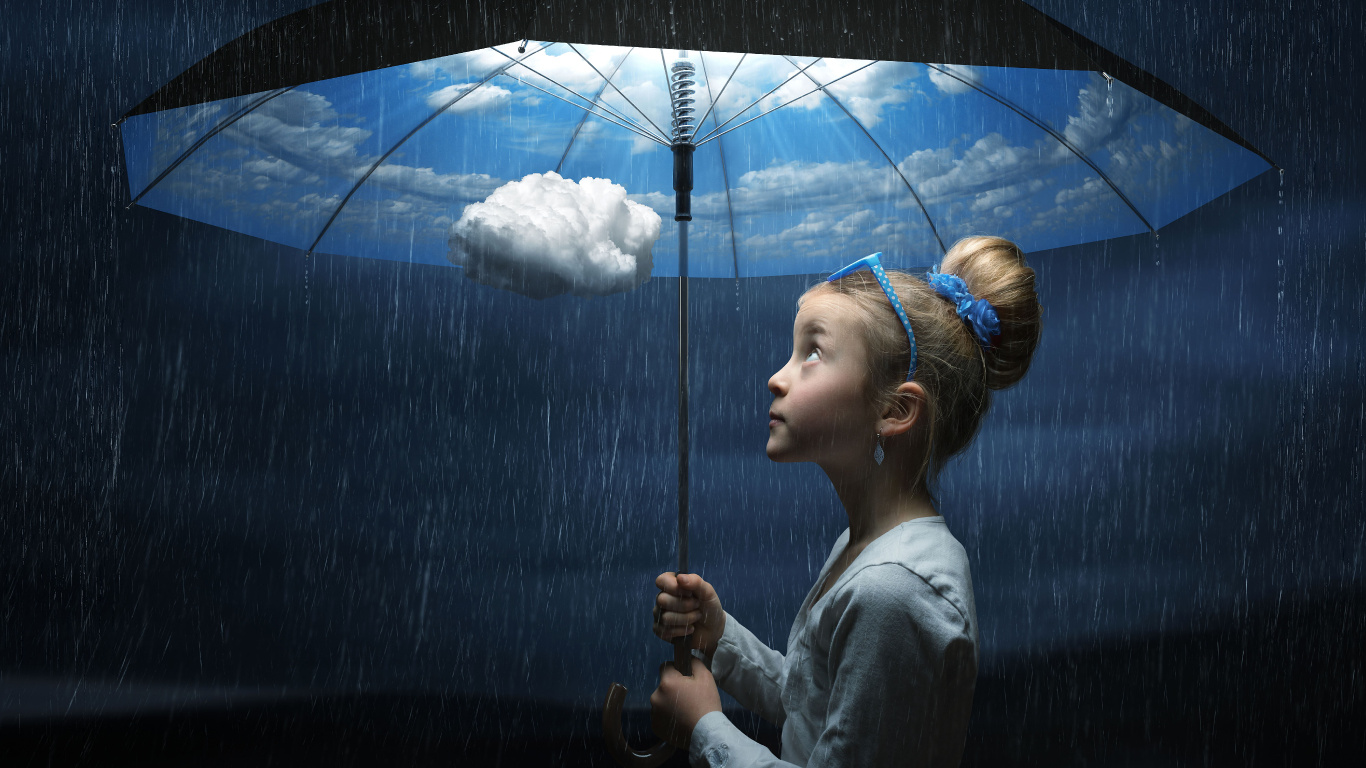 Обои арт, зонтик, синий, облако, дождь в разрешении 1366x768