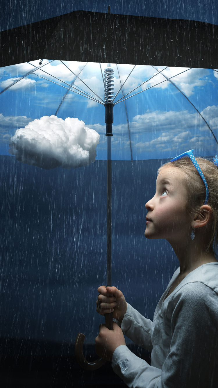 Обои арт, зонтик, синий, облако, дождь в разрешении 750x1334