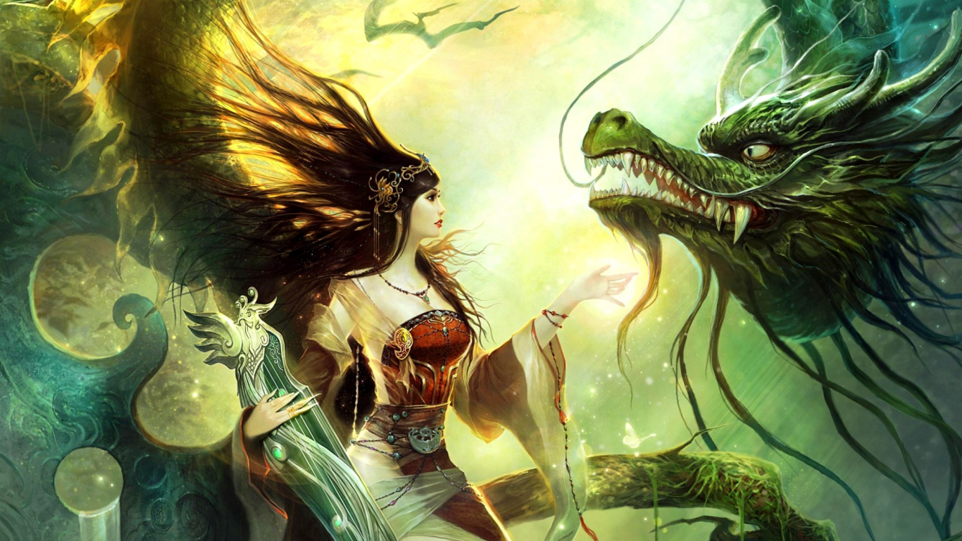 Обои дракон, китайский дракон, фэнтези, мифология, иллюстрация в разрешении 1366x768