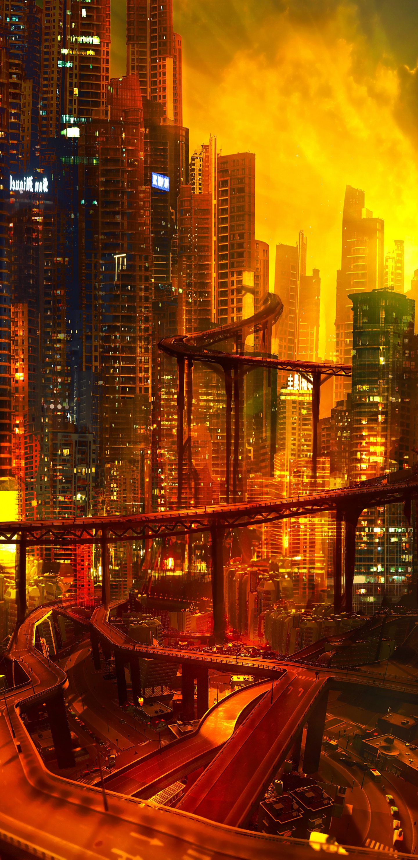 Обои Киберпанк, Научная фантастика, будущее, архитектура, городской пейзаж в разрешении 1440x2960