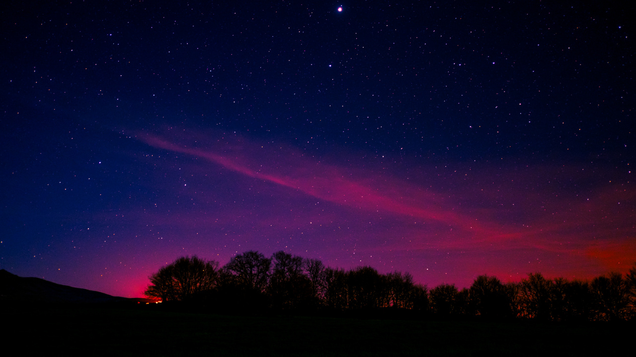 Обои Аврора, ночь, атмосфера, горизонт, пурпур в разрешении 1280x720