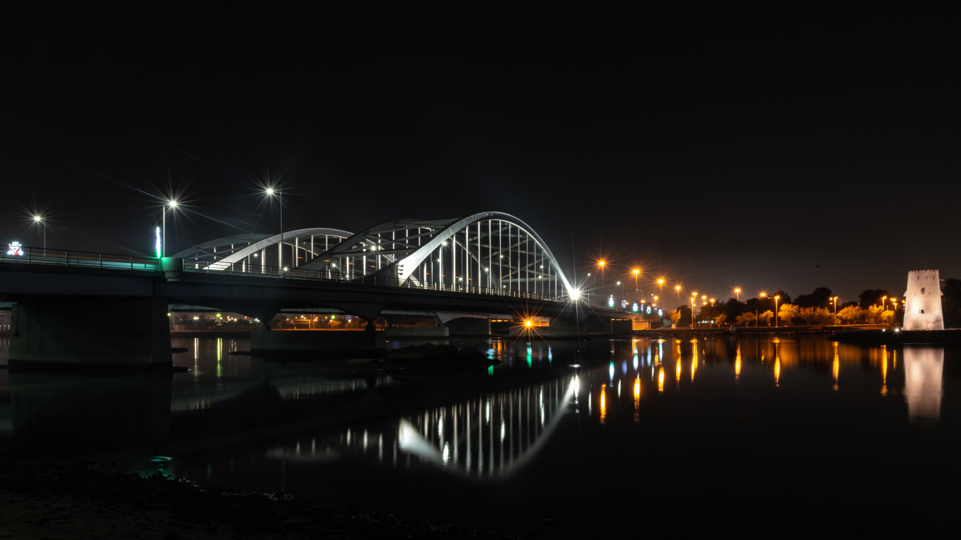 Обои архитектура, Абу Даби, ночь, мост, вода в разрешении 1366x768