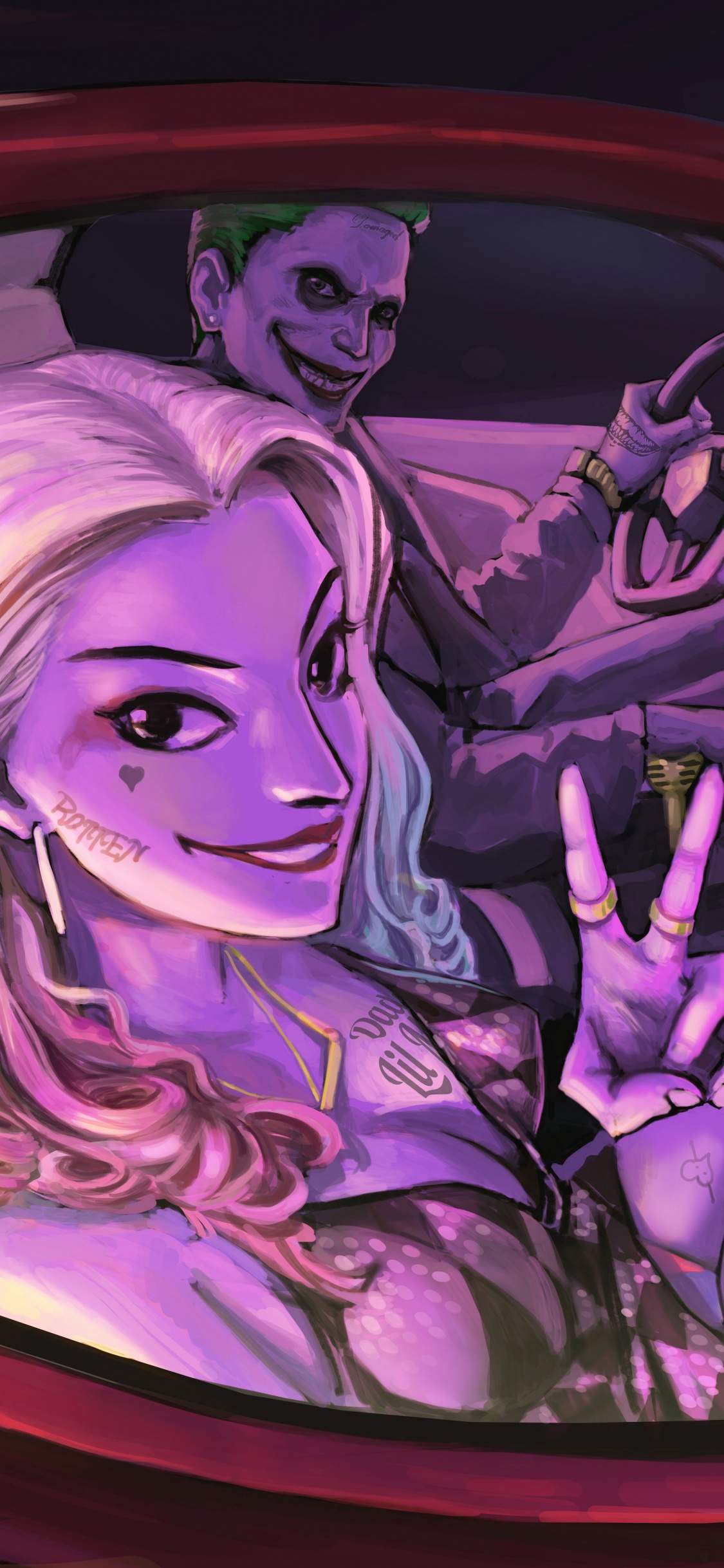 Обои Харли Квинн, Джокер, отряд самоубийц, Бэтмен, пурпур в разрешении 1125x2436