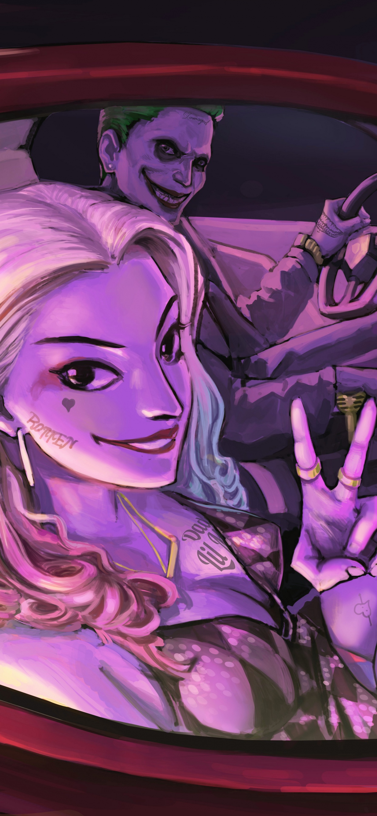 Обои Харли Квинн, Джокер, отряд самоубийц, Бэтмен, пурпур в разрешении 1242x2688