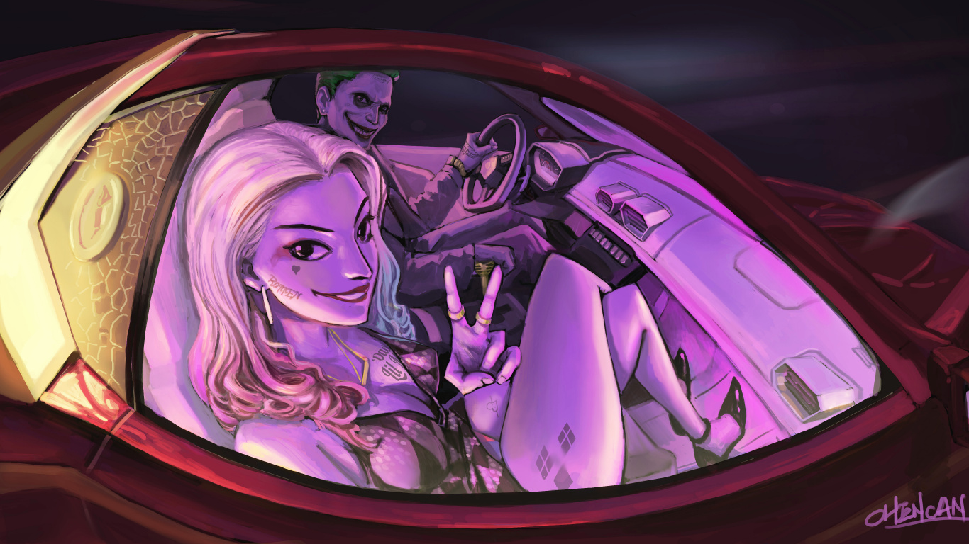 Обои Харли Квинн, Джокер, отряд самоубийц, Бэтмен, пурпур в разрешении 1366x768