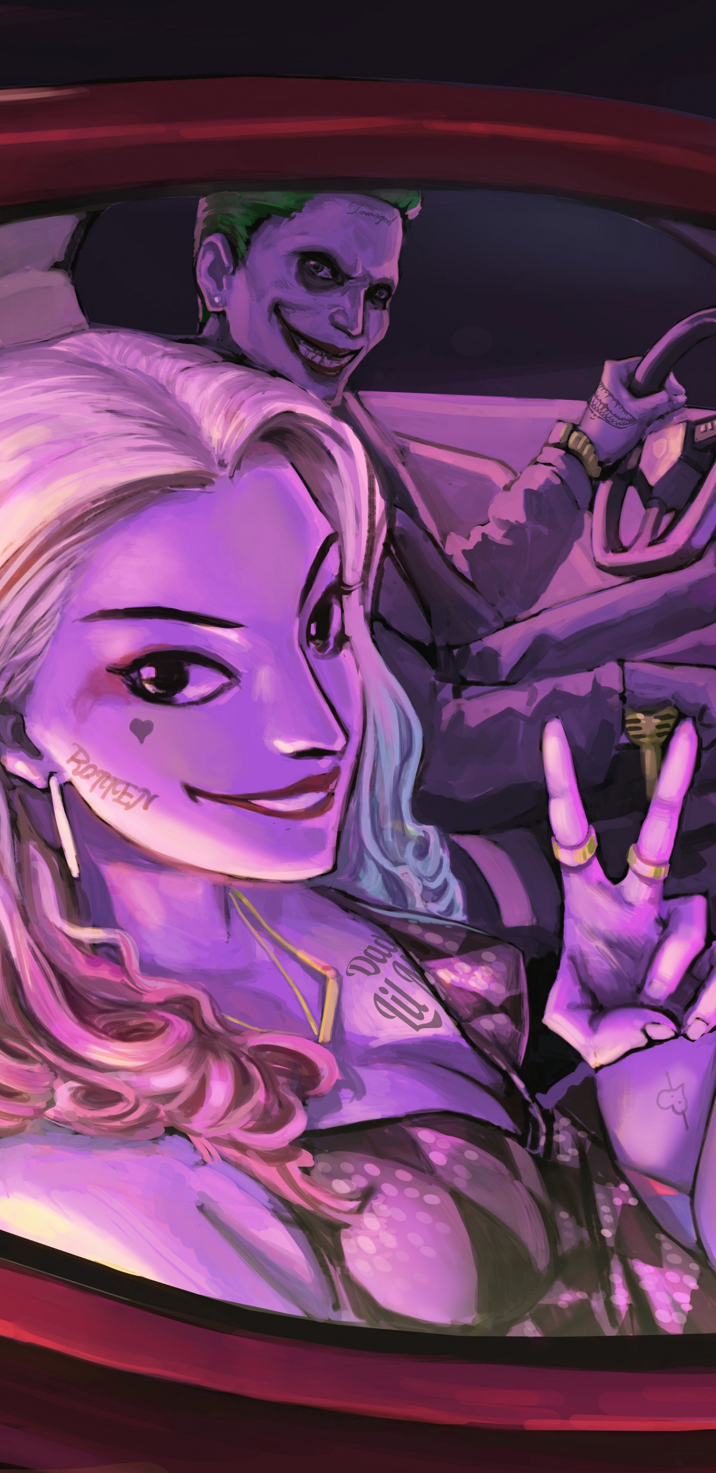 Обои Харли Квинн, Джокер, отряд самоубийц, Бэтмен, пурпур в разрешении 1440x2960