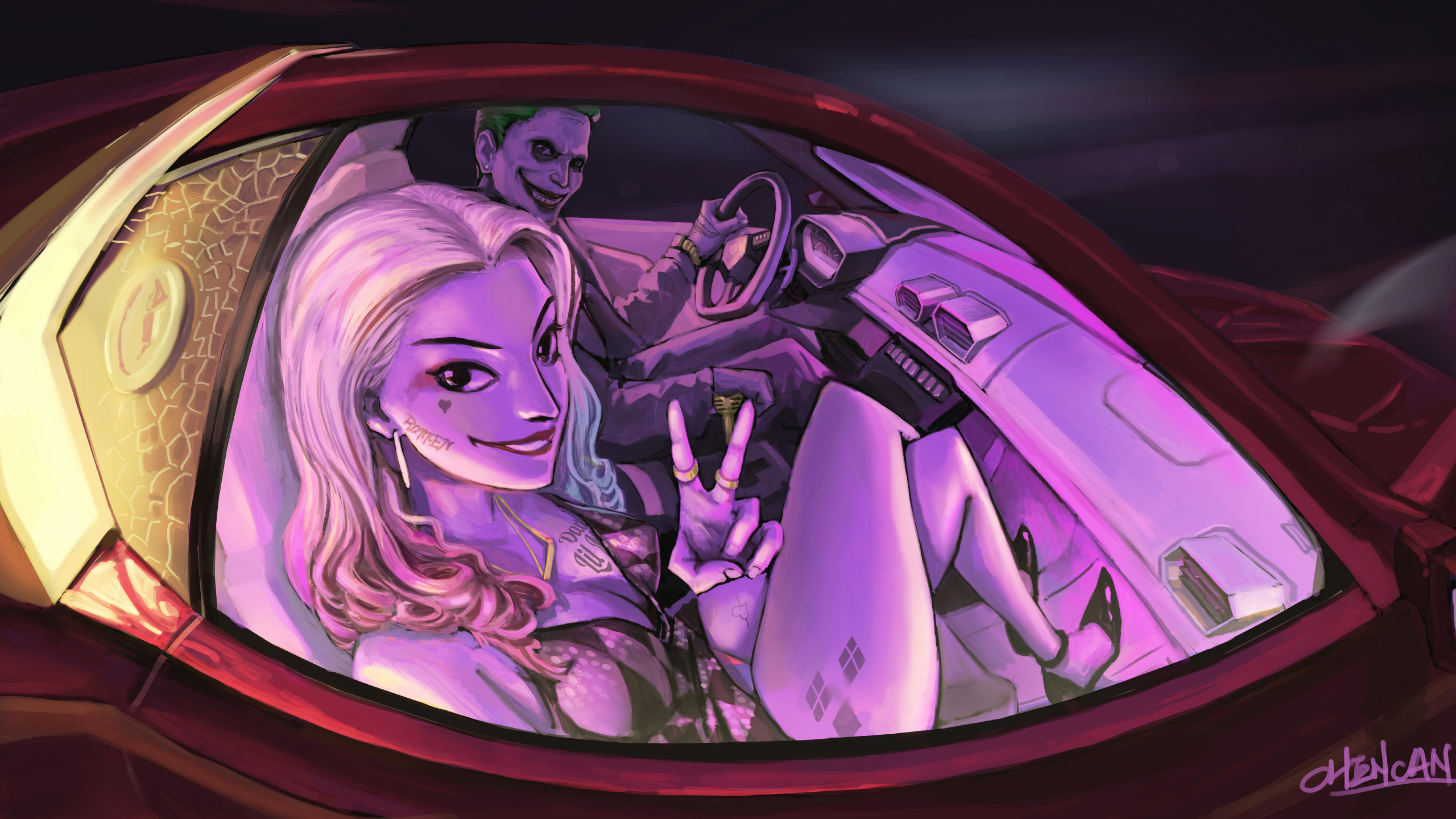 Обои Харли Квинн, Джокер, отряд самоубийц, Бэтмен, пурпур в разрешении 2560x1440